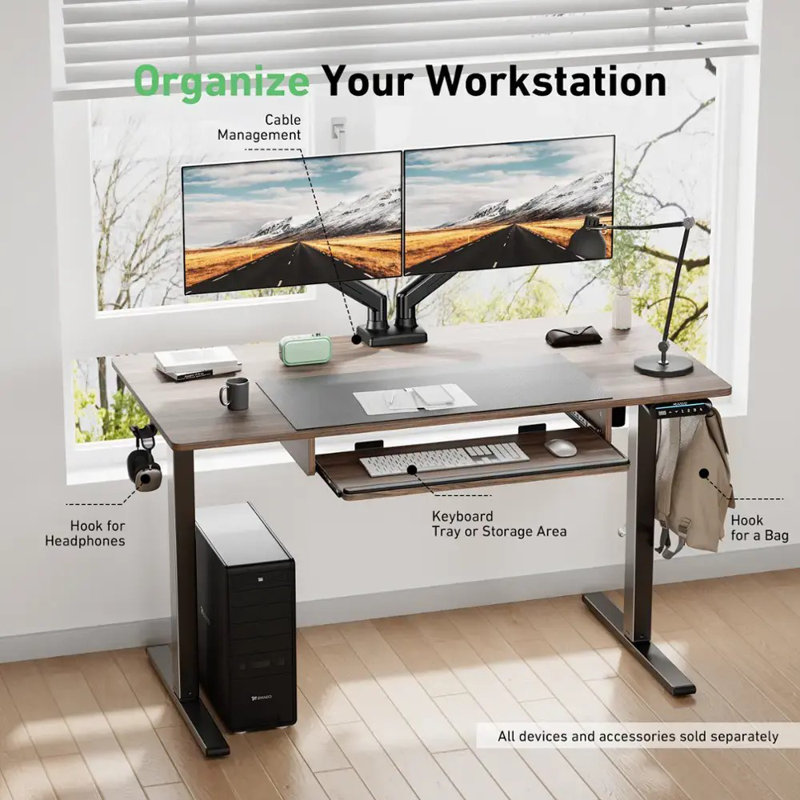 48'' W Adjustable Standing Desk With Keyboard Tray For Home Office, Brown/Black