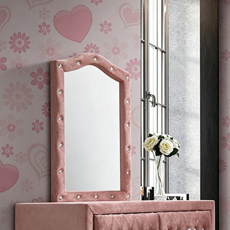 Miroir de coiffeuse de 76 cm (30 pouces) recouvert de velours rose et orné de strass, style vintage glamour.