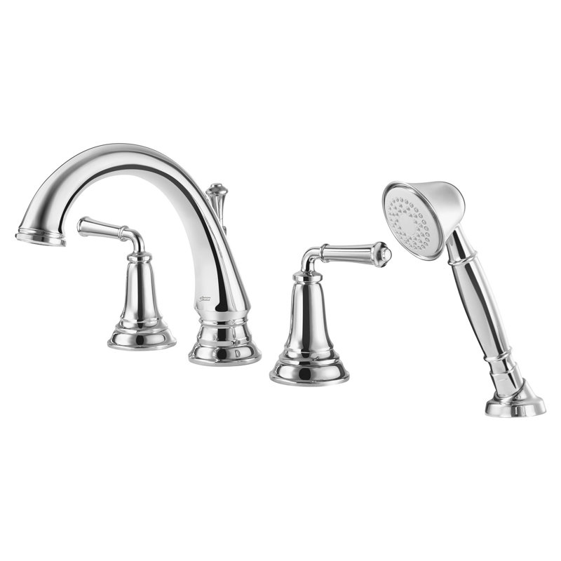 Delancey 2 Handle Deck Roman Tub Faucet, Polished Chrome, With Shower