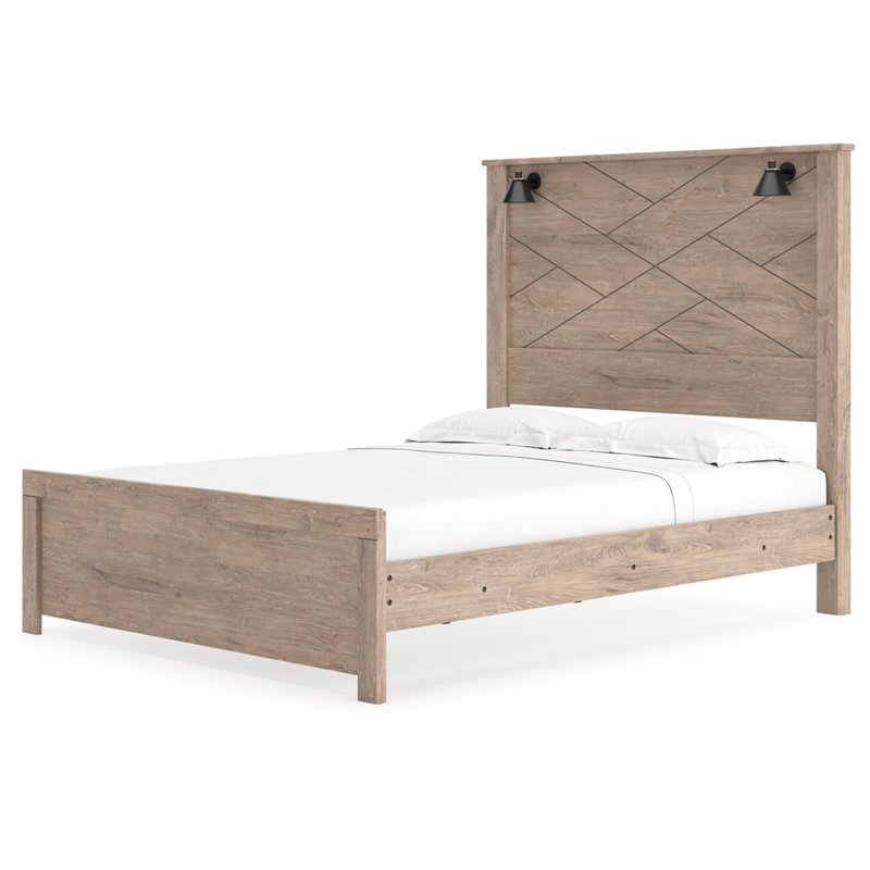 Queen Light Brown Upholstered Wood Frame Bed with Drawer