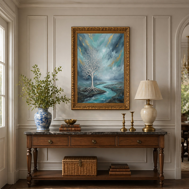 «White Leafless Tree» par Teal River avec toile ciel doré, H 36 po x l 48 po