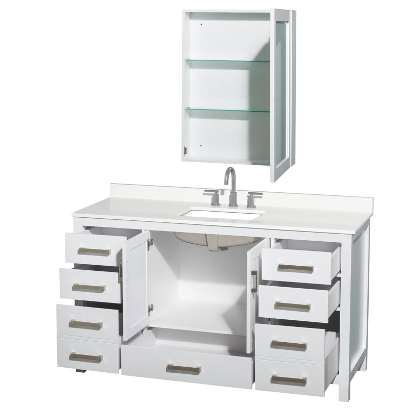 Sheffield 60" Freestanding Single Bathroom Vanity with Quartz Top with Medicine Cabinet, Chrome, White, White Quartz