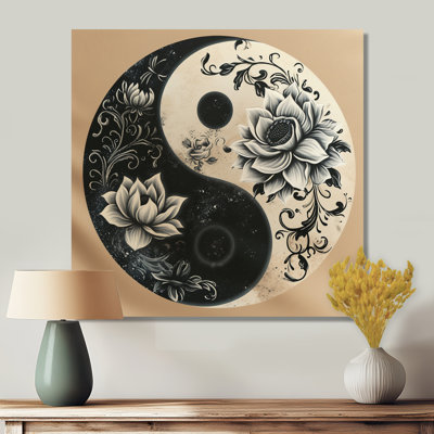 «Ying Yang Balance White Flowers Black Flowers», impression d'art floral abstrait