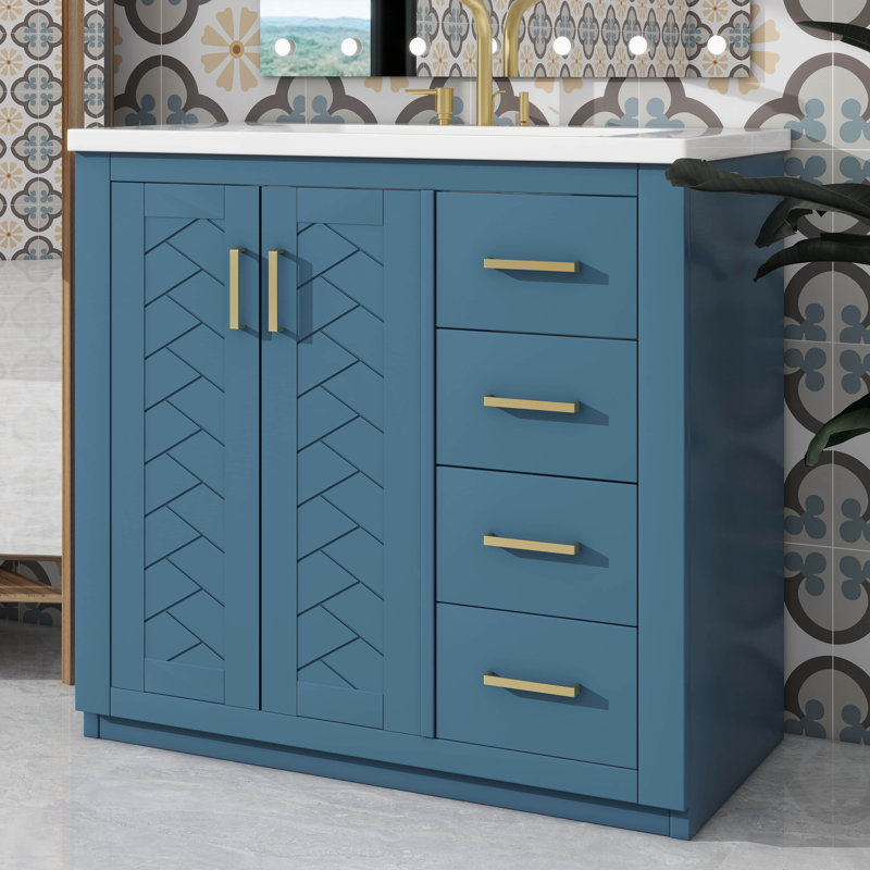 Ensemble de meuble-lavabo 36 po avec lavabo en céramique 36 po, meuble-lavabo autonome avec 3 tiroirs, Doré, Indigo