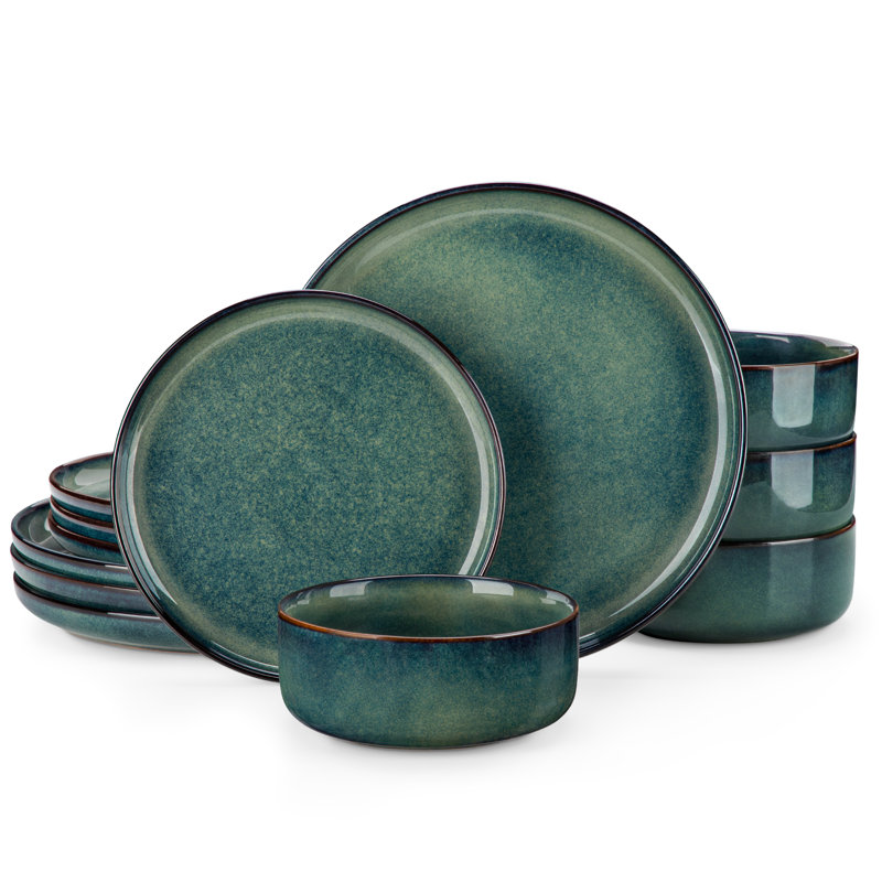 12 Pieces Kitchen Dinnerware Set, Green Set, Stoneware Dinnerware, Plate And Vertical Edge Bowl Set For 4 Person, Green