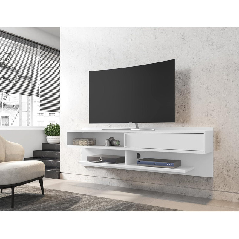 Astor Modern Floating TV Stand For 60-Inch TV With Media Shelves And Sliding Door, Space-Saving Wall-Mounted Entertainment Center In White