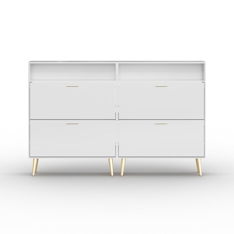24-Pair Shoe Storage Cabinet with Bookshelf - Removable Dividers & Wooden Gold Legs, White