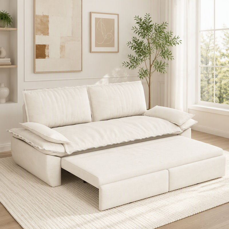Canapé-lit convertible 3-en-1 en velours, Velours beige / blanc