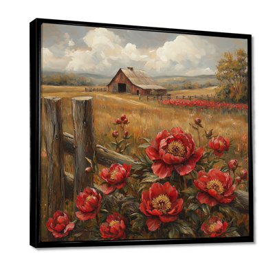 Art mural rétro pour pivoines Crewe par The Barn I - pivoines rouges