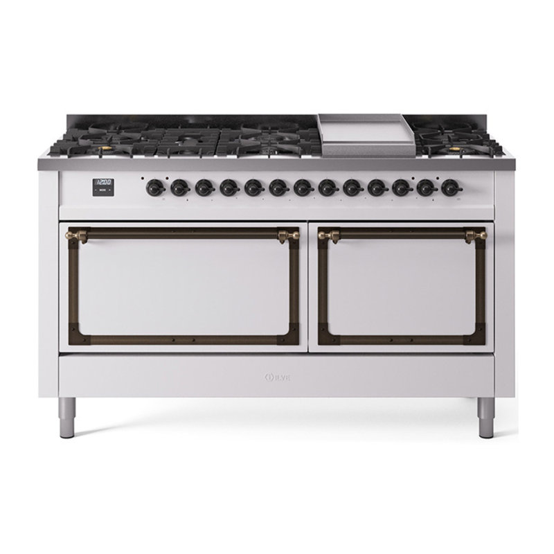 ILVE Nostalgie II Noblesse 60 in Dual Fuel Range, 9 Burner, Griddle, White/Burnished, Natural Gas