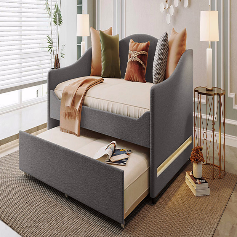 Full Teddy Fleece Upholstered Daybed Frame, Light, Trundle, Full/Double, Gray
