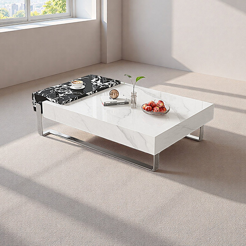 Table basse moderne avec pieds en métal, Blanc / noir / gris clair, H 13,77 po x L 51,18 po x l 27,55 po