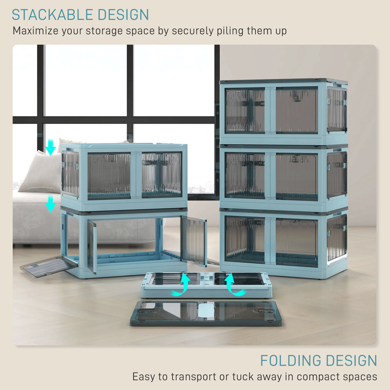 Stackable Storage Bins With Lids, Wheels, And Collapsible, Blue/Gray