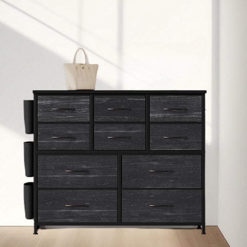 Commode à 10 tiroirs en tissu avec poches latérales et crochets, armoire de rangement pour chambre à coucher, chambre de bébé, organisation de salon