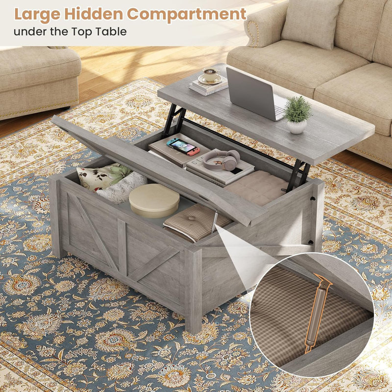 Gray Square Wood Lift-Top Coffee Table with Storage