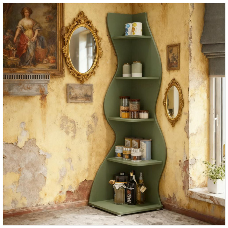 5-Tier Wall Corner Bookshelf With Adjustable Shelves For Space-Saving Storage And Elegant Home Decor, Green