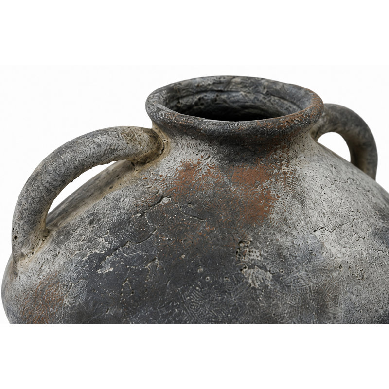 Cole and Grey Ceramic Antique Style Textured Dark Gray Decorative Vase with Brown Accents and Handles, Gray