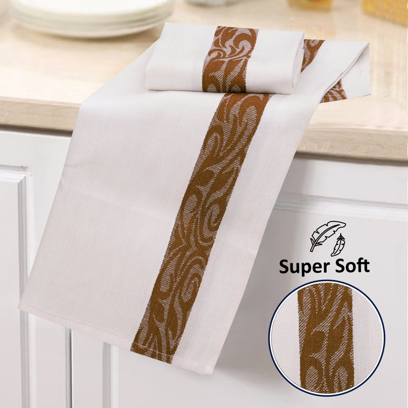 Set of 12 White and Brown Cotton Terry Kitchen Towels