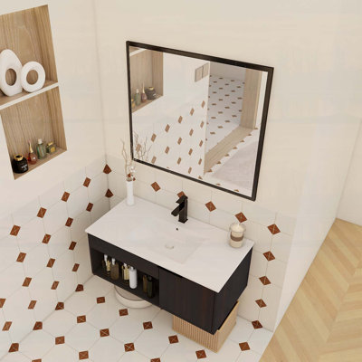 Floating Bathroom Vanity with Ceramic Sink,Open Shelf and Soft-Close Door,Space-Saving Design