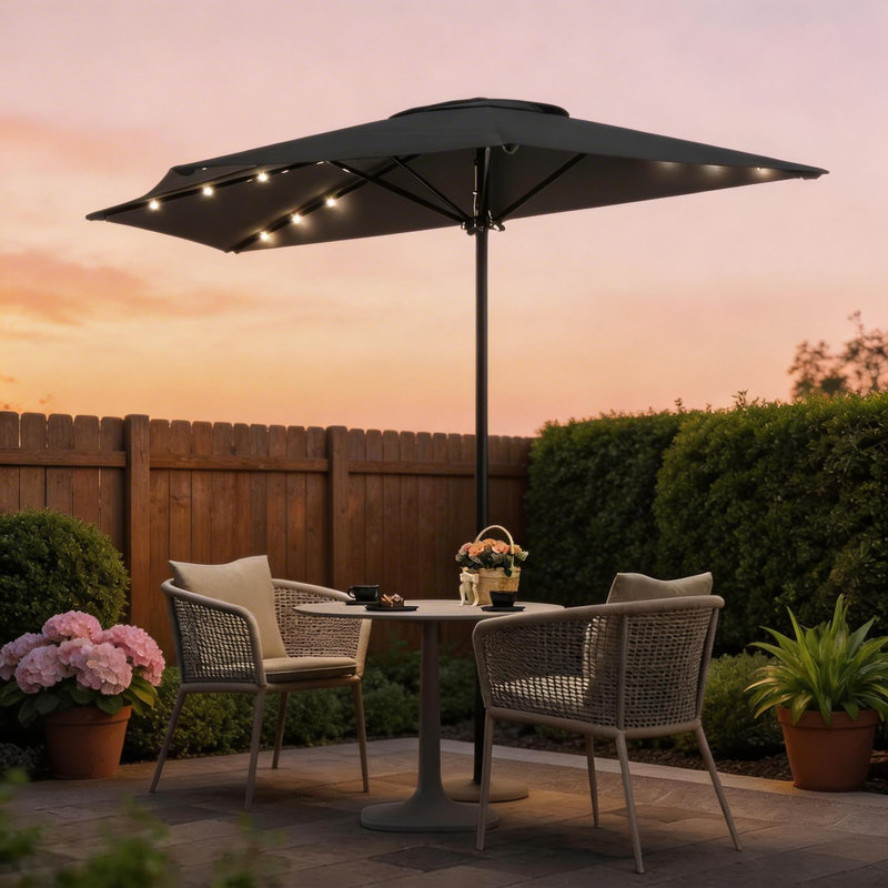 Demi-parasol de patio extérieur de 9 pi avec lumières à DEL et manivelle lisse, Gris