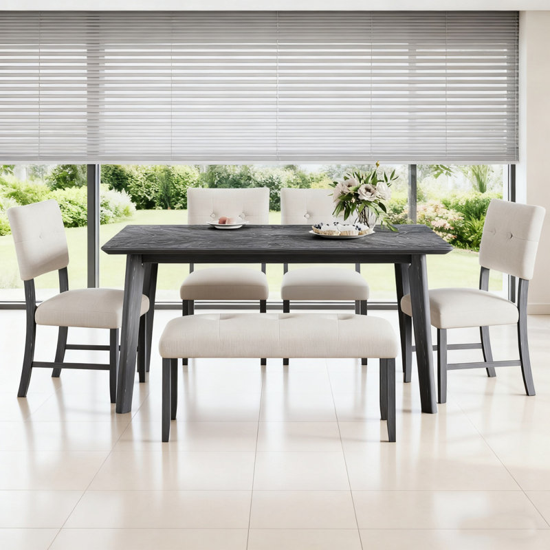 Dining Table Set For 6 With Bench And 4 Upholstered Chairs Solid Wood Rectangular Farmhouse Kitchen Table, Gray, White/Gray