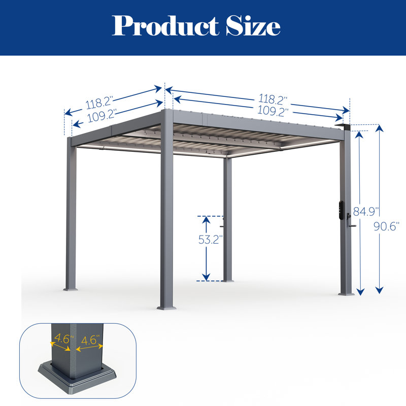 Pergola solaire en aluminium à DEL avec auvent, 10 x 10 pi
