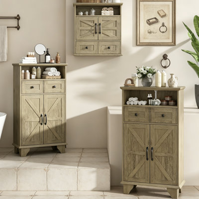 3 Piece Farmhouse Bathroom Organizer Set, Wall Mounted & Freestanding Storage Cabinets With Drawers, Barndoor Doors & Adjustable Shelves For Bathroom,