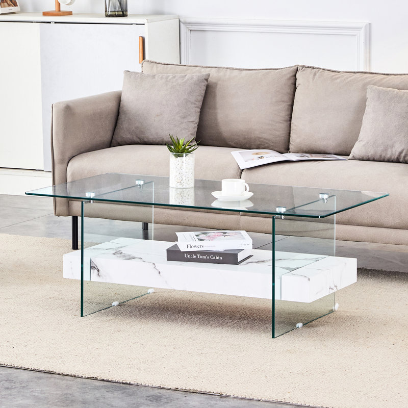 Two-Layer Modern Coffee Table, Clear Glass And White Marble Design, Stable Tempered Legs, For Home Table 43.3 Inch - , & Pattern, Practical Stylish