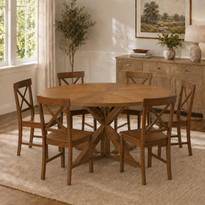 Round Solid Wood Construction Dining Table Set For 6 Person