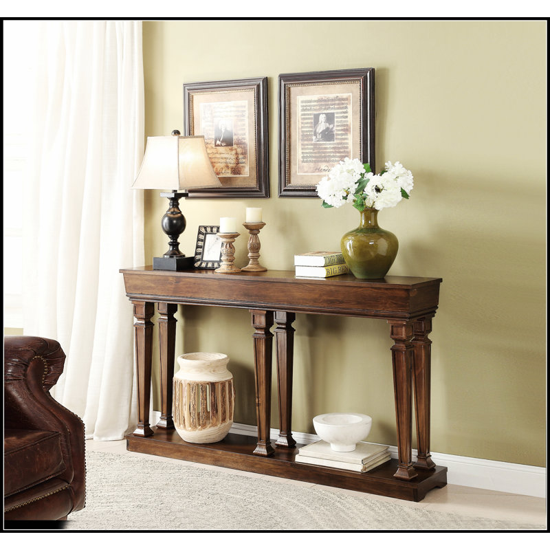 Garrison Oak Finish Console Table with Spacious Shelf and Mid-Post Support for Enhanced Stability and Storage