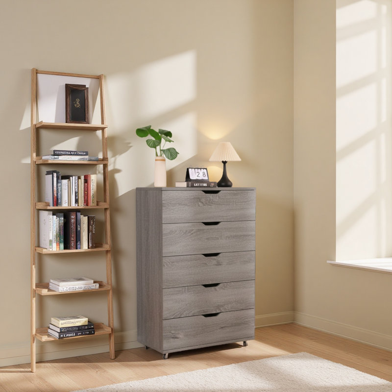 Commode 5 tiroirs avec roulettes - Armoire de rangement moderne, Gris