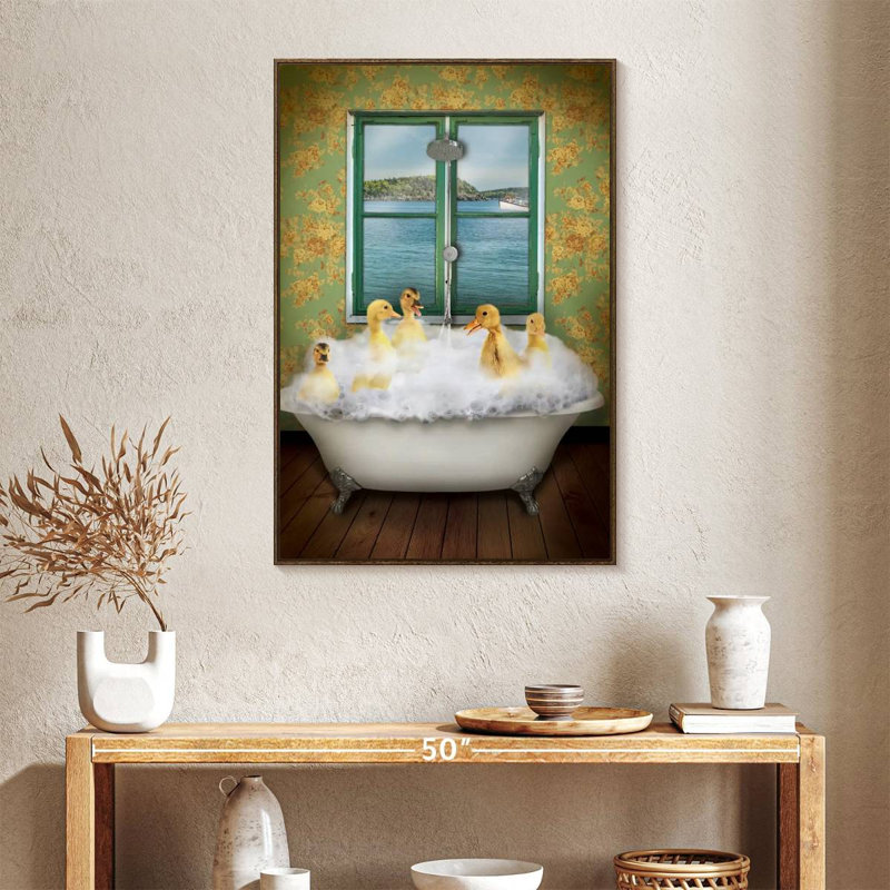 Ducks In Bath Tub, 25" x 37", Floating Frame Walnut
