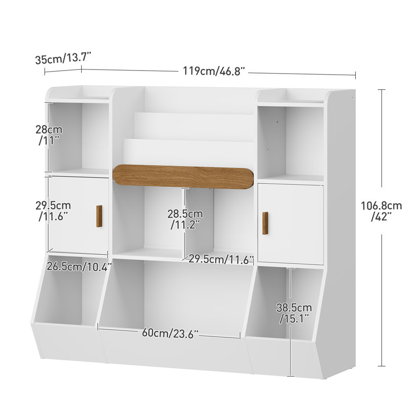 46.8"W X 42"H Kids Bookcase Toys Storage Bookshelf Cubby Toy Storage Organizer with Doors, White