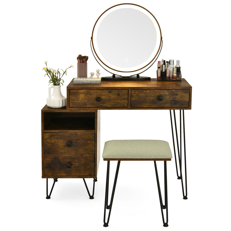 Vanity Table Stool Set with Mirror, Brown/Black