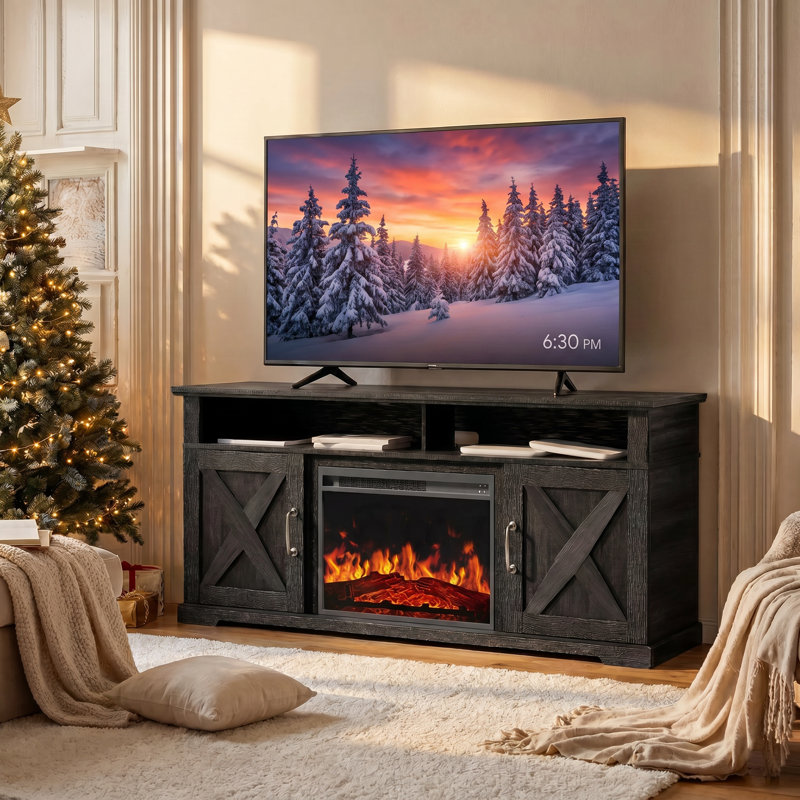 Meuble télé pour téléviseur de 70 po ou moins avec foyer électrique Kimblery, console de télévision de campagne et centre de divertissement