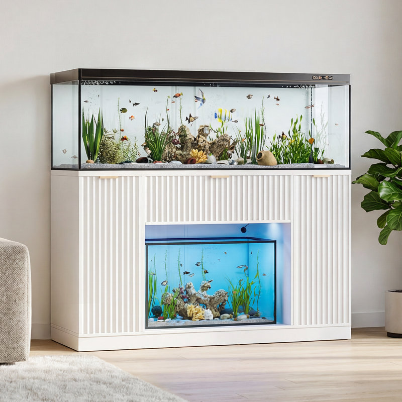 Support pour aquarium blanc moderne robuste à double support 75-120 gallons avec tiroirs encastrés à lumière RVB à DEL