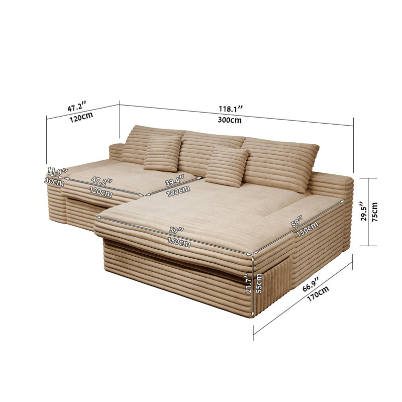 Canapé modulaire avec tissu velours côtelé et méridienne large, Velours côtelé beige, Orienté à droite