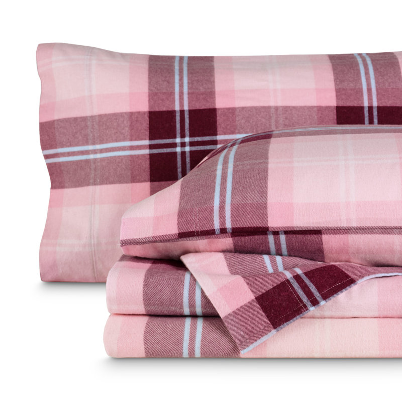 100% Cotton Flannel Sheet Set, Twin Sheet Set with 1 Pillowcase, Pink Symphony Plaid