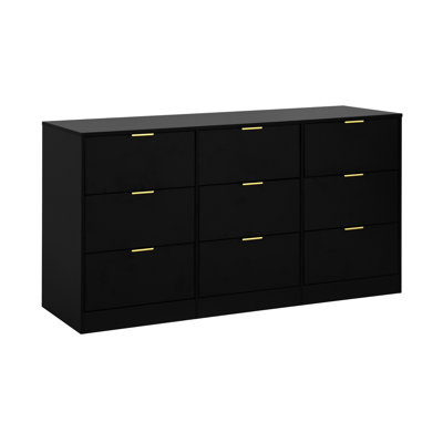 Commode 9 tiroirs noire, grande commode profonde de 63 po, commode en bois avec 9 tiroirs pour la chambre à coucher, commodes longues pour le salon, couloir