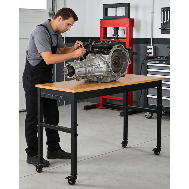 Établi de bureau à hauteur ajustable de 60 po - dessus en bois d'hévéa robuste de 2 500 lb, roues verrouillables et prises de courant intégrées - bureau d'ordinateur portable - couleur noir et bois naturel (monocouche)
