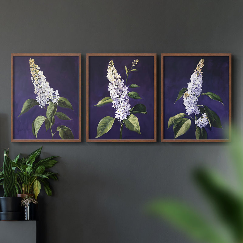 Série d'étude florale Lxxvi - ensemble de 3 estampes giclées encadrées - prêt à être accroché, Cadre noyer, H 28 po x l 22 po