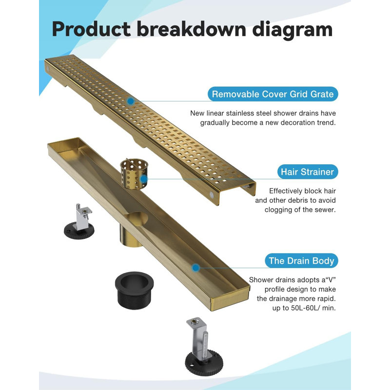 Brushed Gold Shower Drain, 18 Inch Linear Shower Drain With Removable Square Hole Cover Grate
