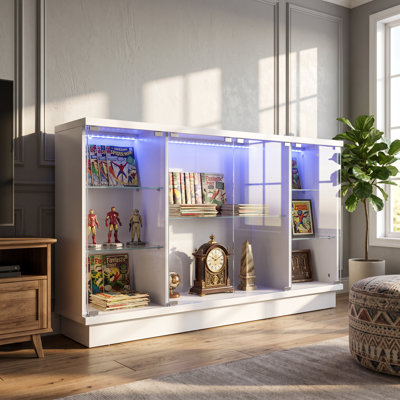 Vitrine horizontale en verre avec éclairage DEL RVB à couleurs changeantes, portes en verre, étagères en verre et trousse anti-basculement