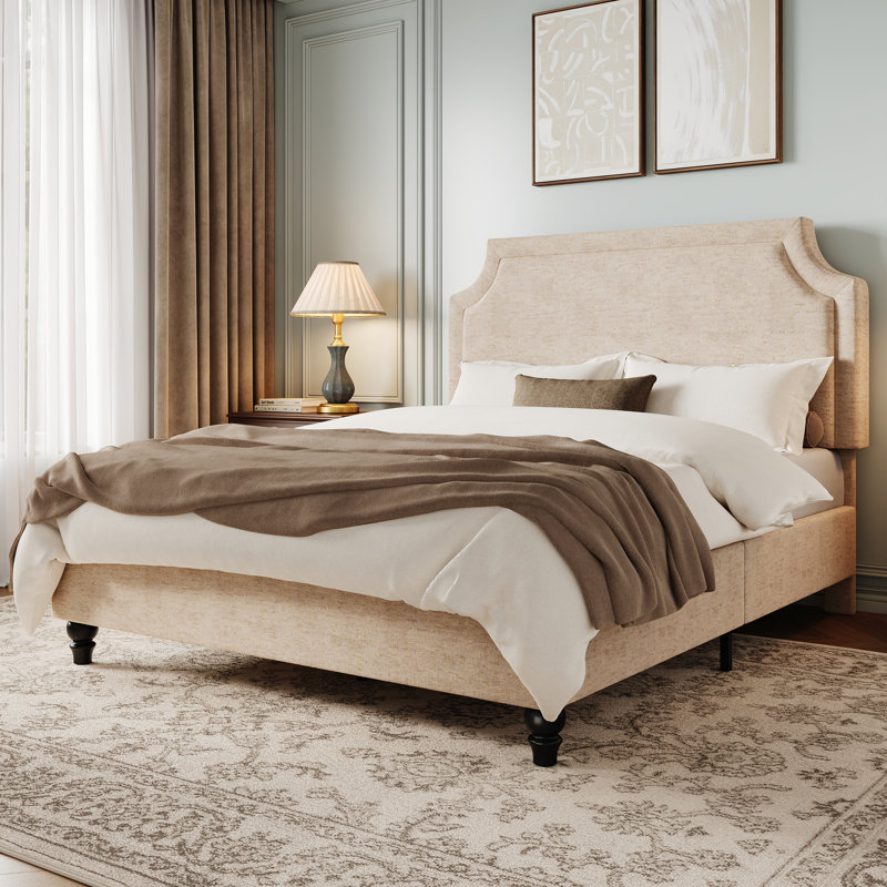 Lit tapissier en chenille moderne avec tête de lit réglable et pieds en bois massif, Lit double, Beige