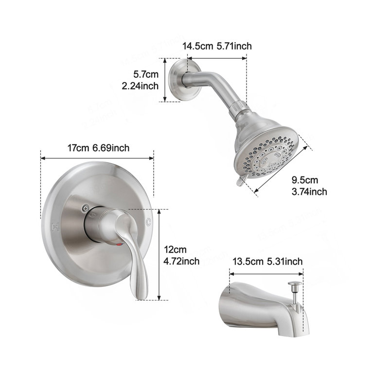 Brushed Nickel Tub & Shower Faucet Combo With 5-Spray Rain Shower Head, Pressure Balance Valve & Diverter Spout