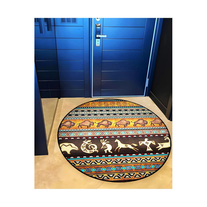 Orange Abstract Tribal Ethnic Style Pattern Woven Base Modern Decorative Carpet, Round 5'