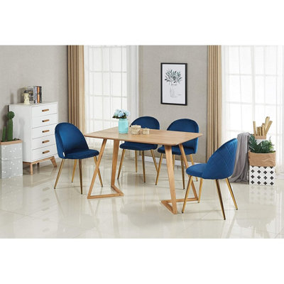 Gunhilda 4 Person Dining set - a Rectangular Plastic Dining Table with Wooden Legs and a Set of 4 Quilted Velvet Dining Chairs for Dining Room - Modern Dining Table Set