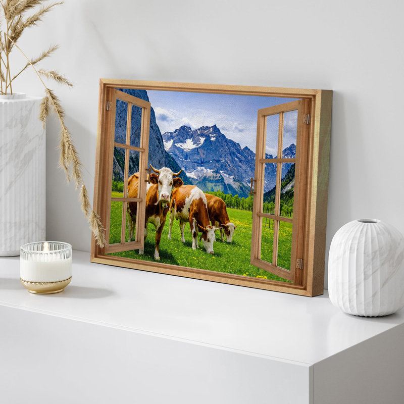 «Vue de la fenêtre, campagne, vaches, montagne, herbe, prairie, nature, décor, paysage rustique» sur, H 12 po x l 18 po
