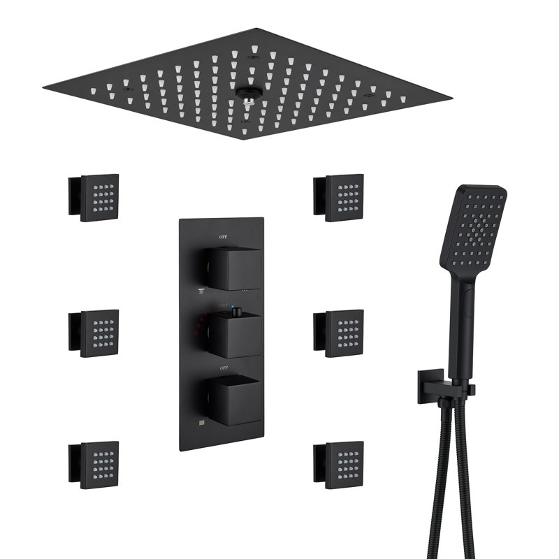 AquaRhapsody Flush Ceiling Mounted Luxury Shower System with 6 Body Jets and LED Lights, Matte Black