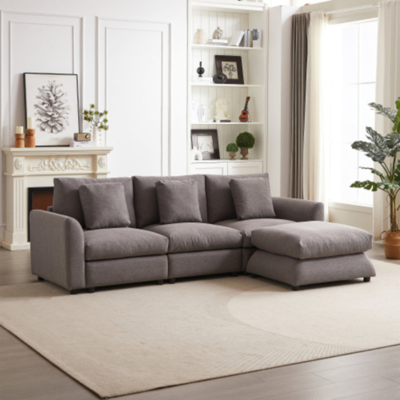Modular Sofa with Ottoman,3 Cushions and 3 Pillows for Living Room, Gray Fabric